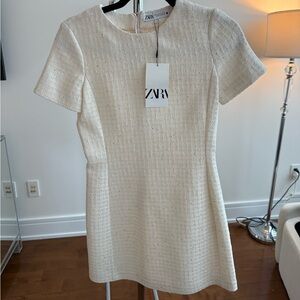 ZARA Cream Short-Sleeve Textured Mini Dress